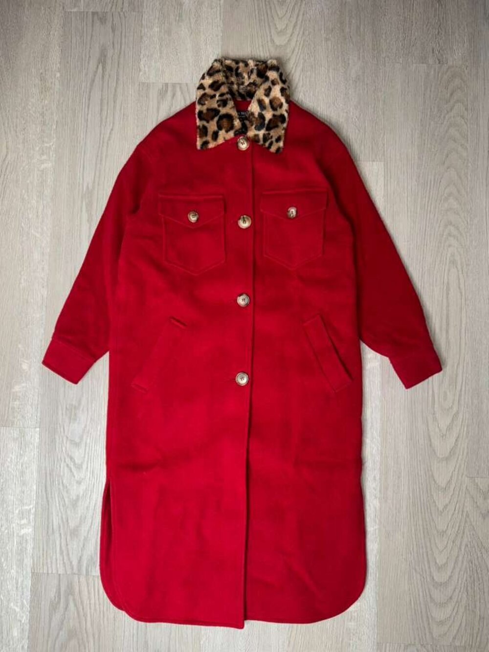 Helene Berman London x Anthropologie Red Wool Blend Coat - Leopard Collar - XS